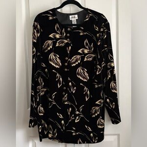 J.B.S. Women’s Blouse, black with gold and metallic leaves, size 3x
